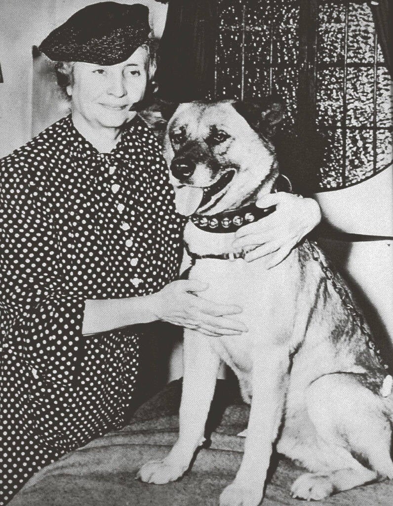 Helen Keller ao lado de um cão da raça Akita, . Foto: Reprodução