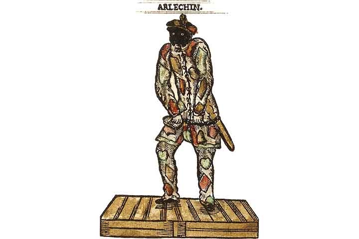 Preguiçoso e metido a esperto, o malandro Arlequim costumava dançar e fazer ousados movimentos acrobáticos. Com roupas de losangos, pregava peças nos companheiros de cena e sempre conseguia se desvencilhar com desenvoltura dos tumultos que criava.
 Reprodução: Flipar