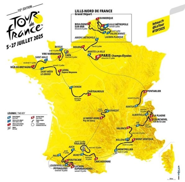 A 112ª edição do Tour de France 2025, que será realizado entre os dias 5 e 27 de julho, teve seu percurso divulgado. Reprodução: Flipar