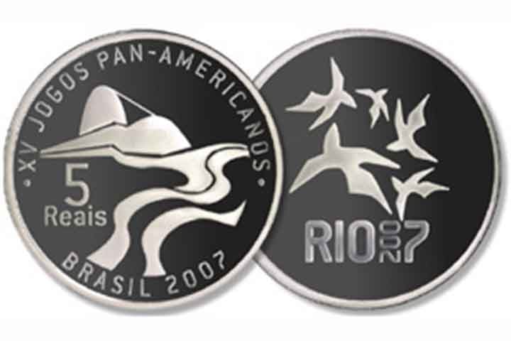 2007: Em homenagem aos Jogos Pan-Americanos no Rio, foram fabricadas 20 mil unidades de moedas de R$ 5. Reprodução: Flipar