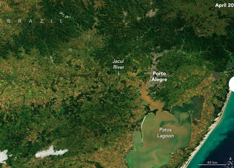 Para comparar, a NASA exibiu duas imagens da região metropolitana de Porto Alegre: uma do dia 20 de abril, antes da atual catástrofe climática, e outra desta semana. Reprodução: Flipar