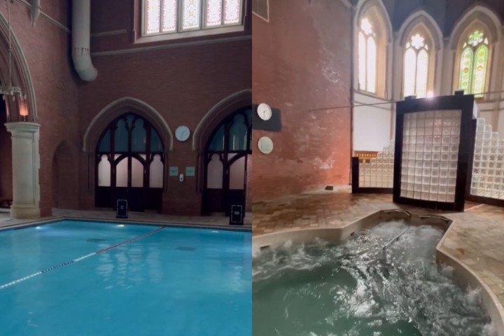 No seu interior, há uma piscina de 24 metros, além de chuveiros, uma banheira de hidromassagem e até uma sauna, que antes era o confessionário da capela. Reprodução: Flipar