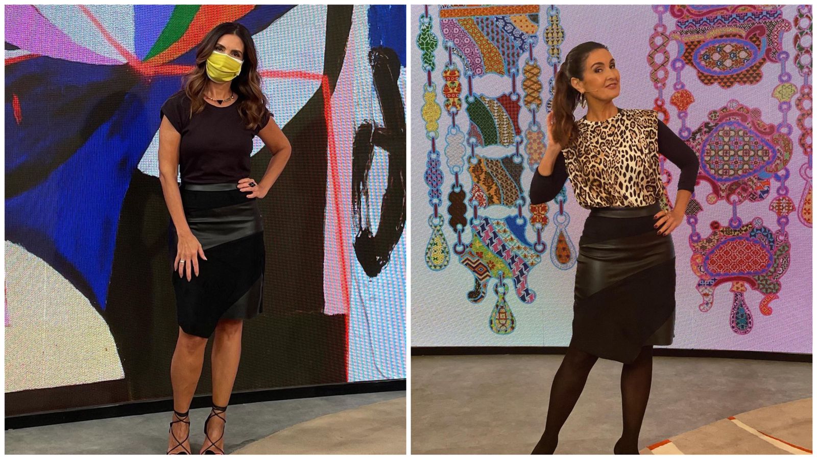 Fátima Bernardes | A apresentadora provou que é possível usar a mesma peça, no caso, uma saia de couro, com propostas diferentes