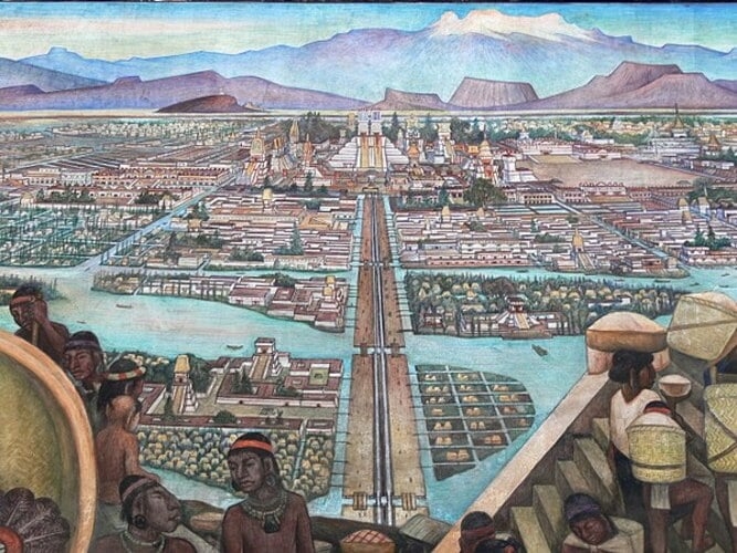 Tenochtitlán, a capital do Império Asteca, estava localizada em uma ilhota elevada às margens do lago Texcoco. Atualmente, faz parte do centro histórico da Cidade do México, capital do país. Reprodução: Flipar