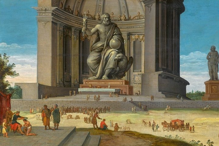 Estátua de Zeus em Olímpia (Grécia) – Era uma escultura colossal do deus Zeus, feita em ouro e marfim pelo famoso escultor Fídias no século 5 a.C., medindo cerca de 12 metros de altura. Reprodução: Flipar