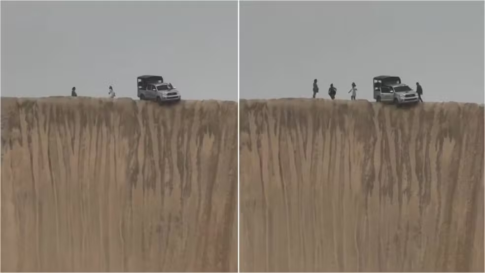 Uma imagem de perigo envolvendo turistas bombou na web e causou enorme preocupação num dos locais mais visitados do Nordeste. Trata-se de Jericoacoara. Um carro que transportava turistas ficou com uma roda para fora de um paredão de 30 metros de altura na famosa área de dunas do litoral cearense. O motorista disse que essa prática é comum na região.  Reprodução: Flipar
