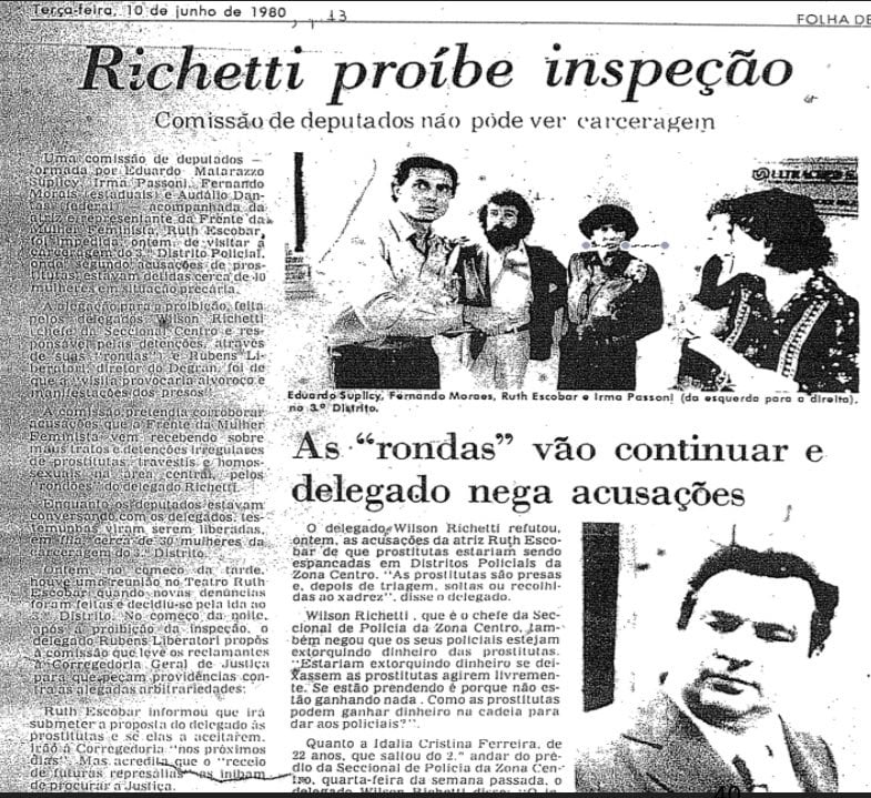 Página da Folha de S. Paulo de 10 de junho de 1980 falando sobre o delegado José Wilson Richetti. Foto: Reprodução/Twitter 24.02.2023