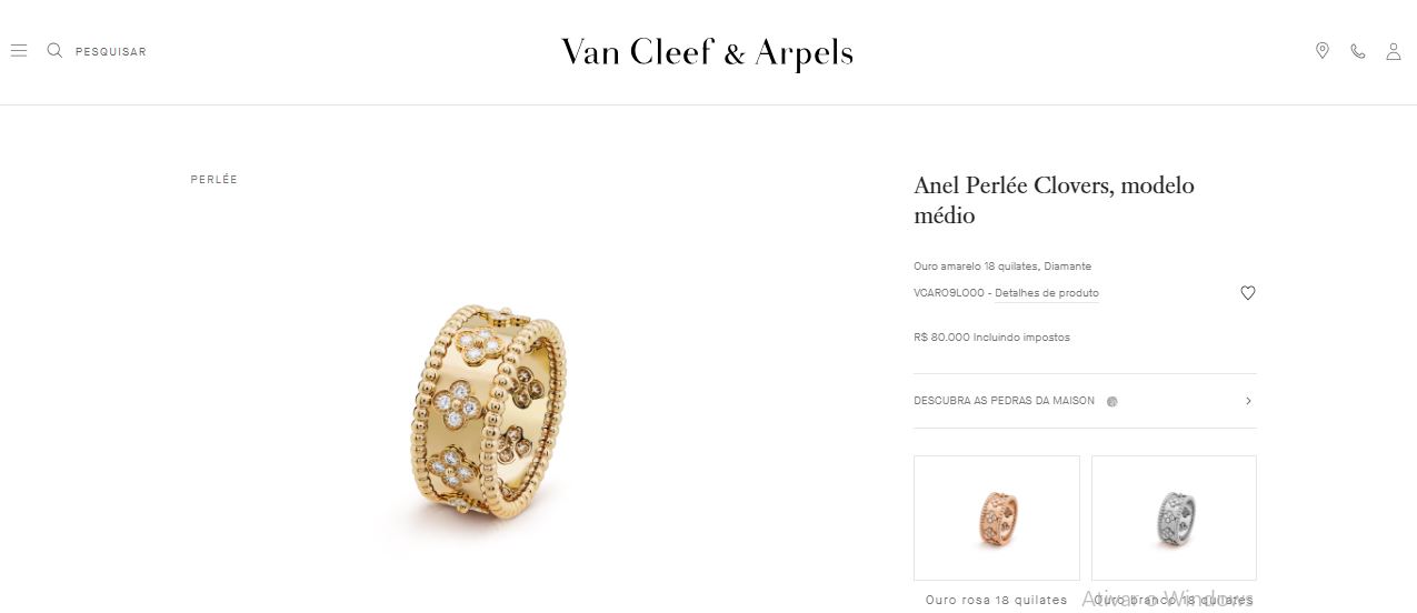 O anel é vendido pela grife francesa Van Cleef & Arpels pelo valor de R$80 mil por unidade e é feito com ouro amarelo 18 quilates e pedras de diamante Reprodução