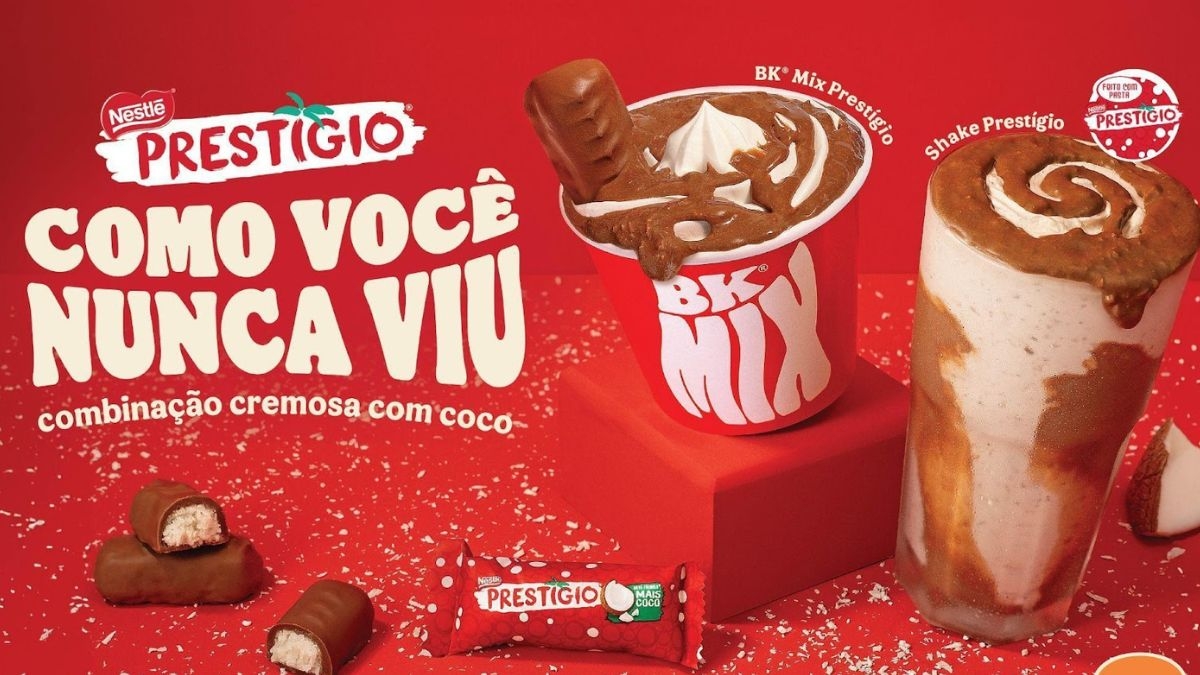 Burger King e Nestlé também se uniram e lançaram duas novas sobremesas que são frutos de collab entre as empresas: BK Mix Prestígio e o Shake Prestígio.
 Reprodução: Flipar