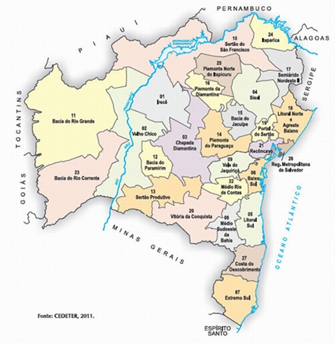  O estado do Rio São Francisco teria 35 municípios, com 1 milhão de habitantes, no oeste do território baiano. A capital seria Paratinga. E a Bahia seria mantida na parte leste, com Salvador como capital. A divisa seria justamente o rio São Francisco (em azul no meio do mapa) Reprodução: Flipar