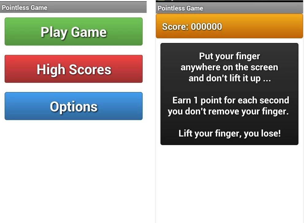 Para jogar o Pointless Game, basta tocar a tela e não remover o dedo. É só. Para Android. Foto: Reprodução