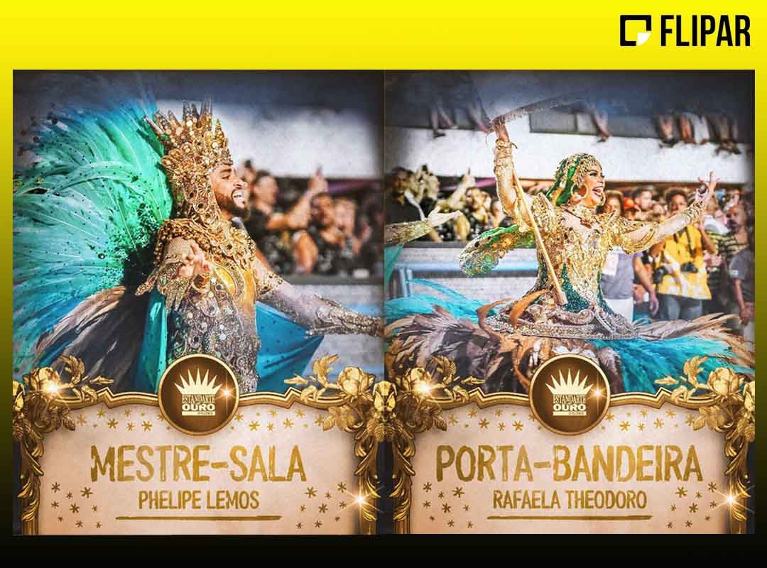 No Carnaval 2024, vencido pela Unidos do Viradouro, o casal Phelipe Lemos e Rafaela Theodoro, da Imperatriz Leopoldinense ganhou o Estandarte de Ouro como melhor mestre-sala e porta-bandeira.  Reprodução: Flipar