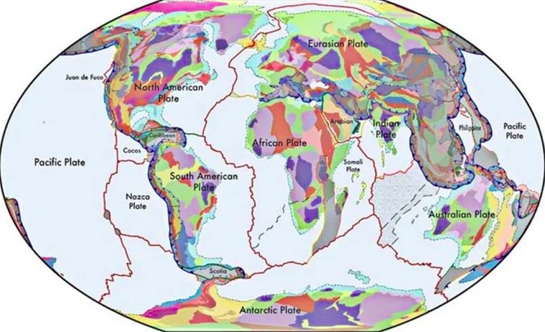  Em 2023, pesquisadores publicaram na revista Earth-Science Reviews um novo mapa com todas as placas tectônicas da Terra. Reprodução: Flipar