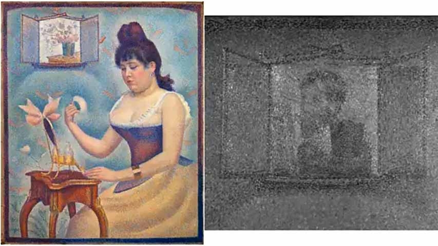 A descoberta mais intrigante foi um autorretrato oculto na janela aberta, posteriormente encoberto por um vaso de flores, que se tornou o único autorretrato conhecido de Seurat. Reprodução: Flipar