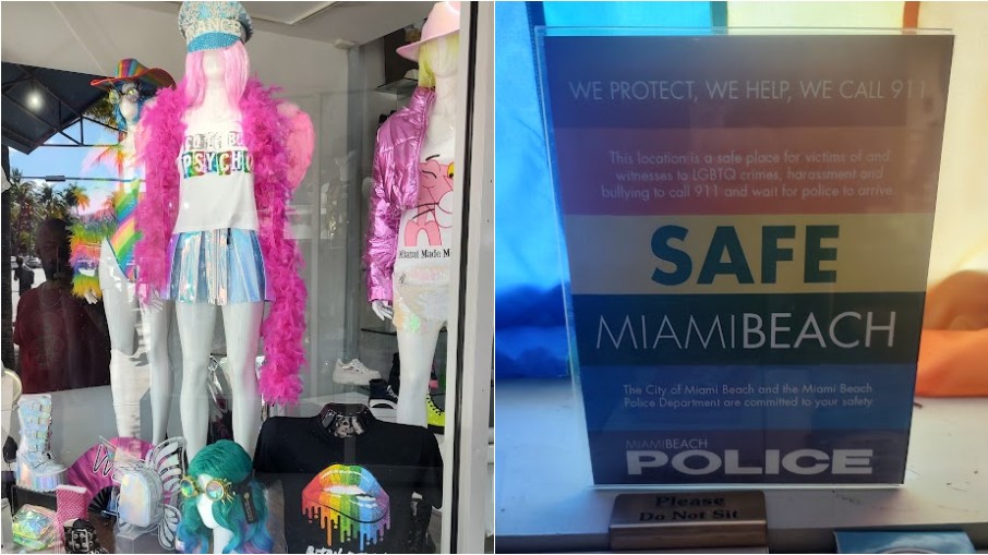 Vitrines das lojas de ruas (esq.) dedicadas à comunidade LGBTQIA+. À direita, cartaz informativo contra a homofobia da Polícia de Miami Beach