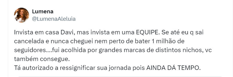 Lumena manda conselho para Davi Brito Reprodução/X