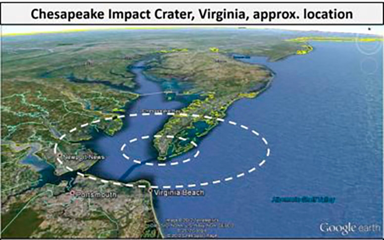 Virginia (EUA) - A Cratera da Baía de Chesapeake foi formada há 35 milhões de anos.  Somente em 1983 pesquisadores descobriram que a baía havia sido criada pela ação de um asteroide. Em 1984, durante a exploração de petróleo, ficou constatado que há trechos de mais de 1 km de profundidade.  Reprodução: Flipar