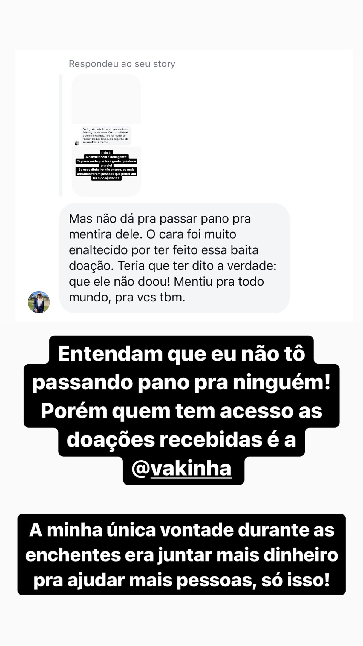 Badin mostra mensagens e explica polêmica com doações de crowdfunding para ajudar vítimas no RS Reprodução/Instagram