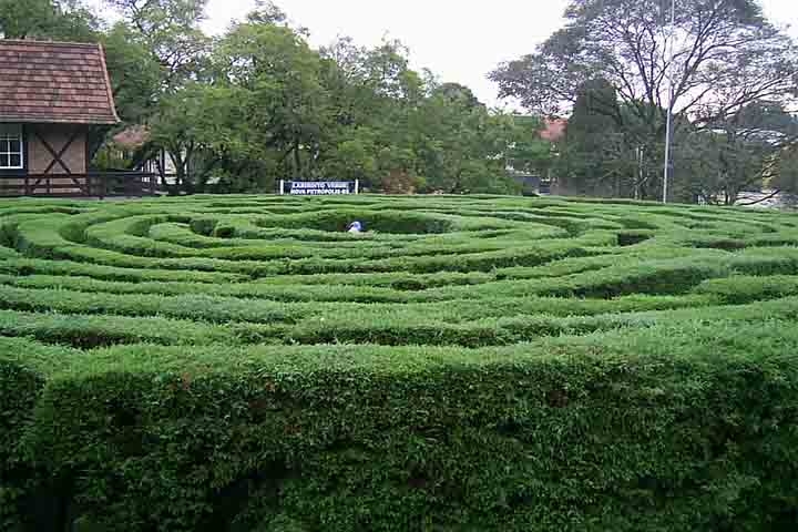 O Labirinto Verde, atrativo turístico mais famoso de Nova Petrópolis, no Rio Grande do Sul, é um local de diversão e desafia os visitantes em um caminho secreto em meio aos ciprestes. Atualmente, ele possui 28 metros de diâmetro e mais de 2 metros de altura. Reprodução: Flipar