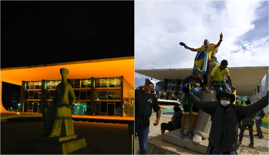 Antes e depois dos ataques no STF. Foto: Montagem iG / Imagens: Fellipe Sampaio /SCO/STF e Marcelo Camargo/Agência Brasil
