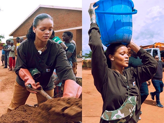Em 2019, Rihanna foi fotografada ajudando na construção de um hospital no Malawi, na África Oriental. Nas imagens que circularam na internet, a cantora aparecia ajudando os trabalhadores locais a buscar areia e água com um balde sobre a cabeça. Esta é Rihanna. 