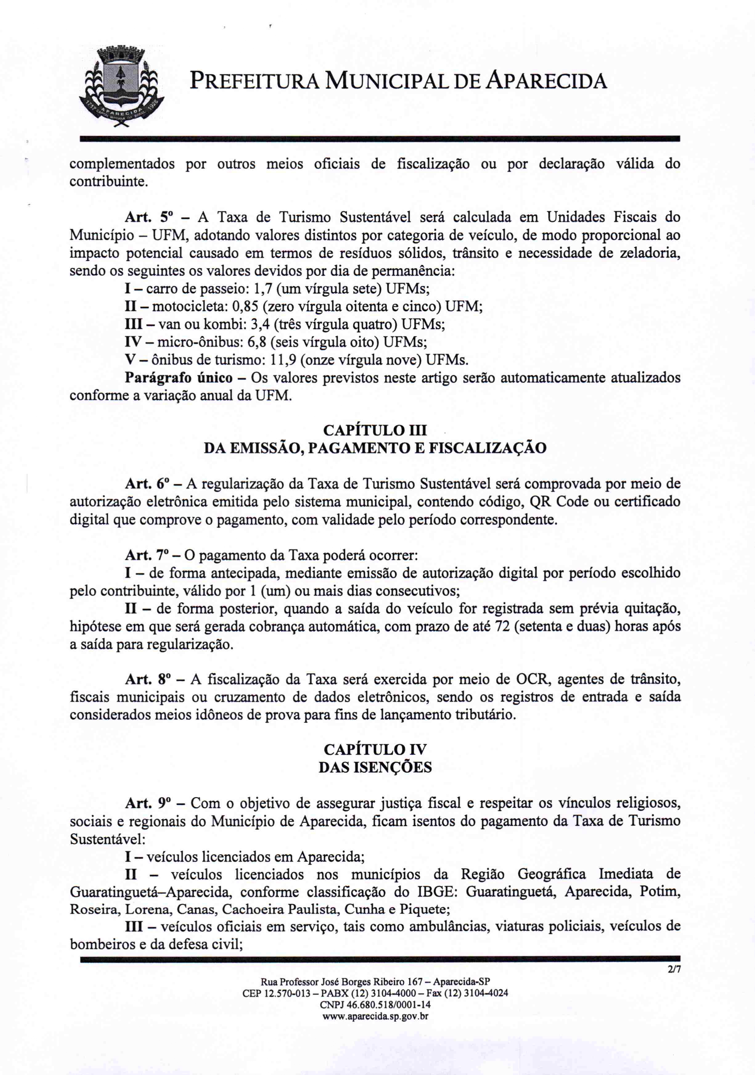 3- Projeto de Lei Complementar nº 004/2025 que cria a Taxa de Turismo Sustentável em Aparecida (SP). Foto: Prefeitura de Aparecida
