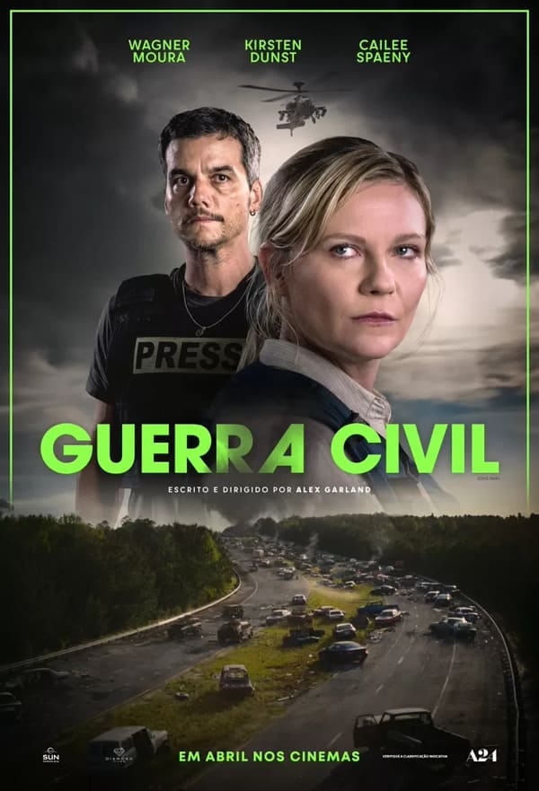 “Guerra Civil” (18 de abril): O novo filme do promissor diretor Alex Garland (de “Ex Machina”) conta com o brasileiro Wagner Moura no elenco, além da já conhecida Kirsten Dunst. Reprodução: Flipar