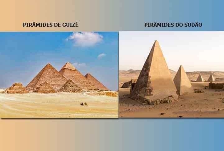 Há uma semelhança entre as pirâmides dos dois países. Ambas foram construídas para abrigar os túmulos de seus líderes políticos e religiosos. Se as egípcias acolhiam os  restos mortais dos monarcas e seus familiares, as sudanesas protegiam os sarcófagos dos faraós negros.  Reprodução: Flipar