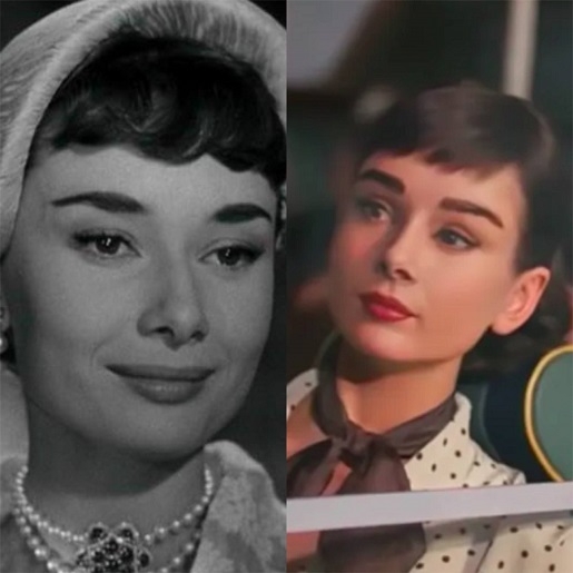 Audrey Hepburn: Estrela do cinema norte-americano nos anos 60, a atriz morreu em 1993, aos 60 anos de idade. Em 2014, foi recriada digitalmente para um comercial de chocolates. Reprodução: Flipar
