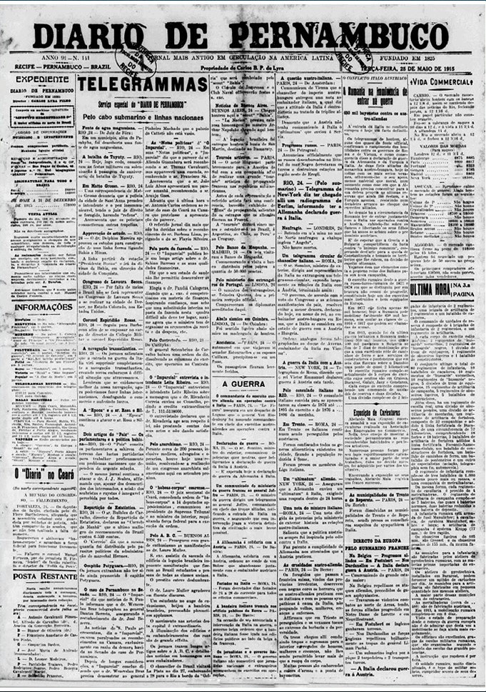 Itália declara guerra à Áustria-Hungria, aliada da Alemanha, na Primeira Guerra Mundial, na capa do Diario de Pernambuco. Foto: Reprodução/Diário de Pernambuco