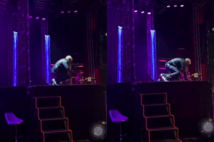 Uma plataforma elevatória trouxe Belo ao palco, quando ele perdeu o equilíbrio e caiu com as mãos apoiados no chão. Reprodução: Flipar