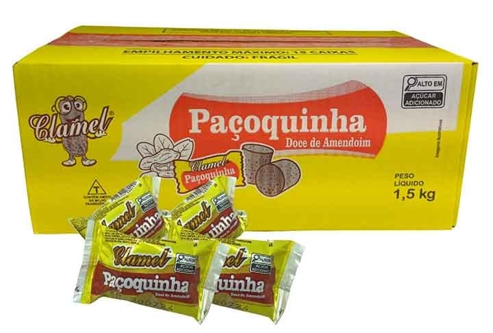 A marca Clamel deriva dos nomes dos fundadores e da imagem da doçura do mel. A paçoca da Clamel tem uma textura agradável, mas pode ser considerada muito doce, com sabor de rapadura.  O amendoim fica em segundo plano. O valor é R$ 20,90 (1 kg) Reprodução: Flipar