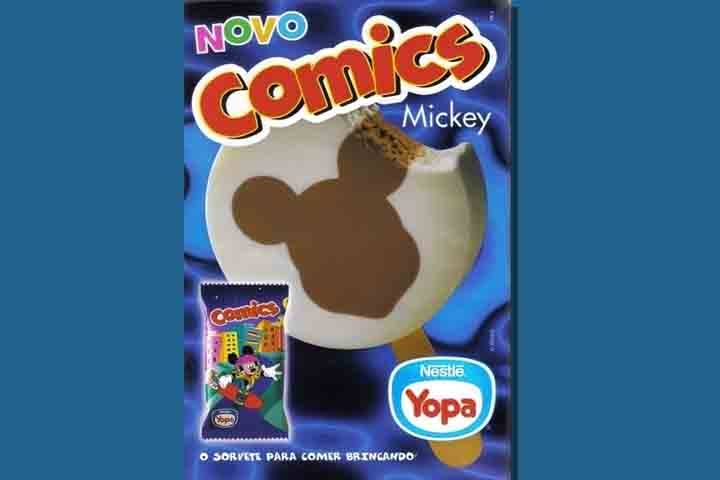 O icônico Comics tinha a silhueta do Mickey desenhada em um picolé redondo. Um atrativo para as crianças apaixonadas pelo universo da Disney, sobretudo nos anos 90 em que a programação infantil reinava na TV. Reprodução: Flipar