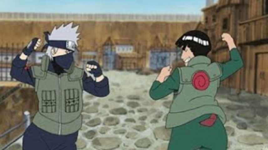 Kakashi vs Maito Gai - Anime: Naruto - Ambos são ninjas do bem, mas sempre houve uma disputa entre eles e não apenas em questão de quem era o mais forte, já que qualquer competição ou brincadeira era vista pelos dois como uma chance de vencer o outro.  Reprodução: Flipar
