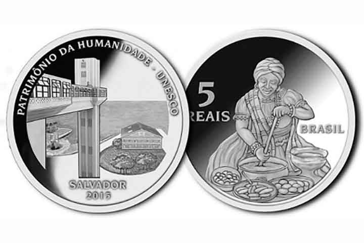 2015: Foram fabricadas 10 mil unidades de moedas de R$ 5 em homenagem à cidade de Salvador, declarada Patrimônio da Humanidade pela UNESCO. Reprodução: Flipar