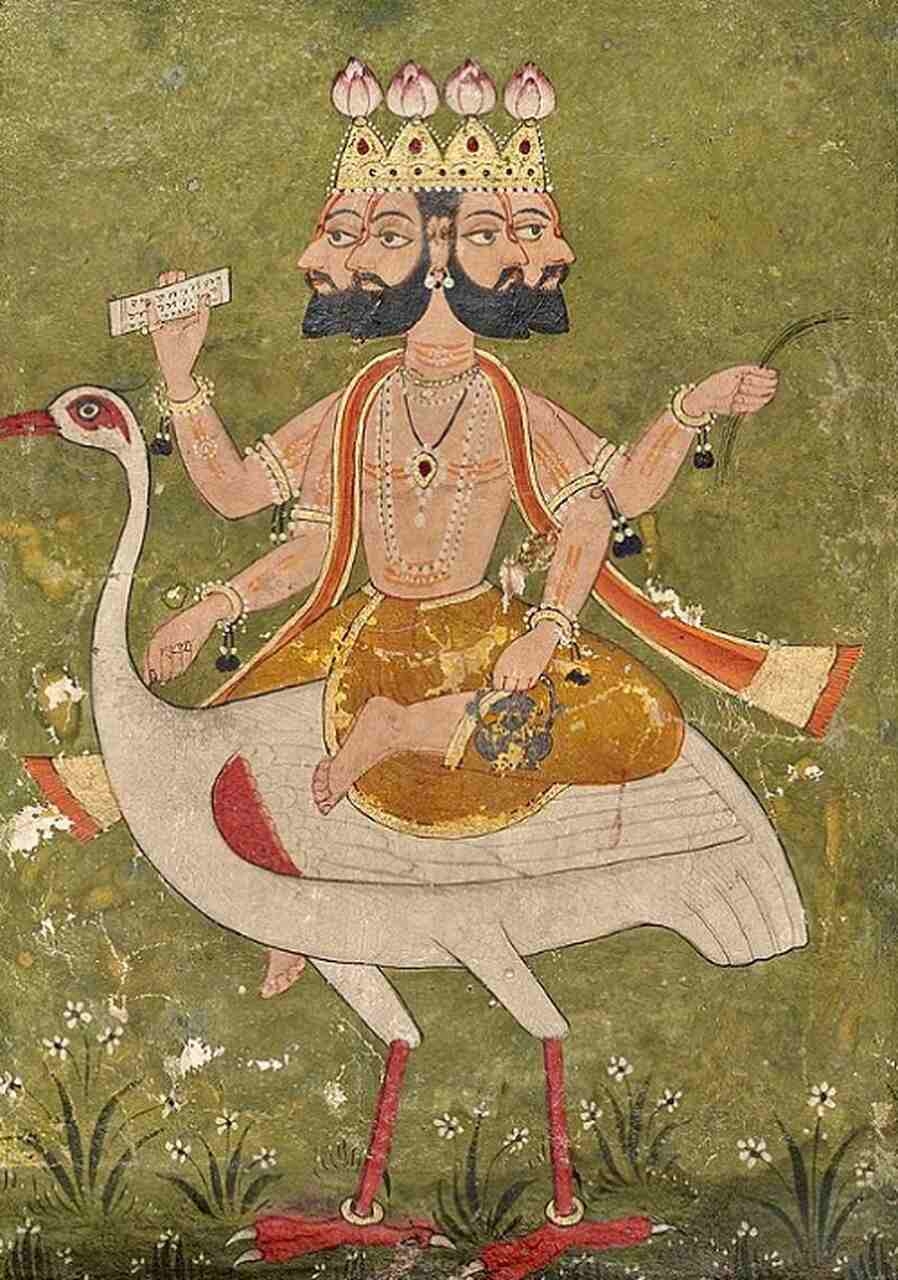 Brahma, que é frequentemente retratado com quatro faces representando a criação de todos os seres e o conhecimento, é responsável pela criação do universo e dos deuses. Reprodução: Flipar