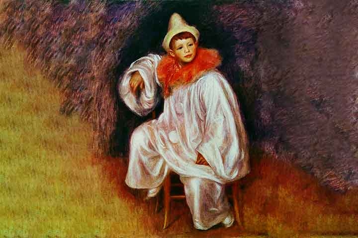 Mais pobre entre os serviçais, Pierrot não utilizava máscara e tinha o rosto pintado de branco. Suas vestes eram feitas de sacos de farinha. 
 Reprodução: Flipar