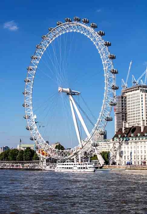 London Eye (Londres):  É a roda-gigante mais alta da Europa com 135 metros e oferece vistas dos pontos turísticos mais buscados da capital inglesa, como o Palácio de Buckingham,  o Big Ben e a Catedral de St Paul.  Reprodução: Flipar