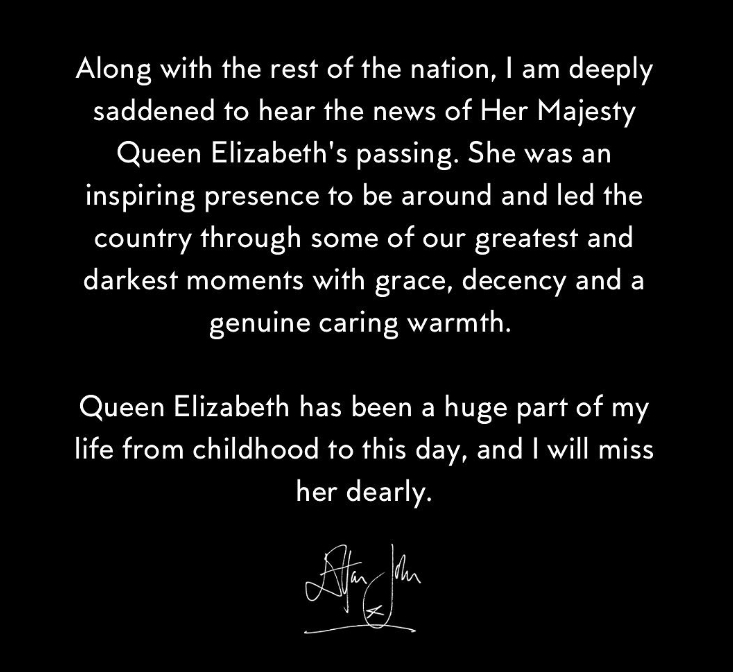 No dia da morte de Elizabeth, o músico fez uma postagem nas redes sociais: “A rainha Elizabeth foi uma parte enorme da minha vida desde a infância até hoje, e eu sentirei muito a sua falta”, publicou na época. Reprodução: Flipar