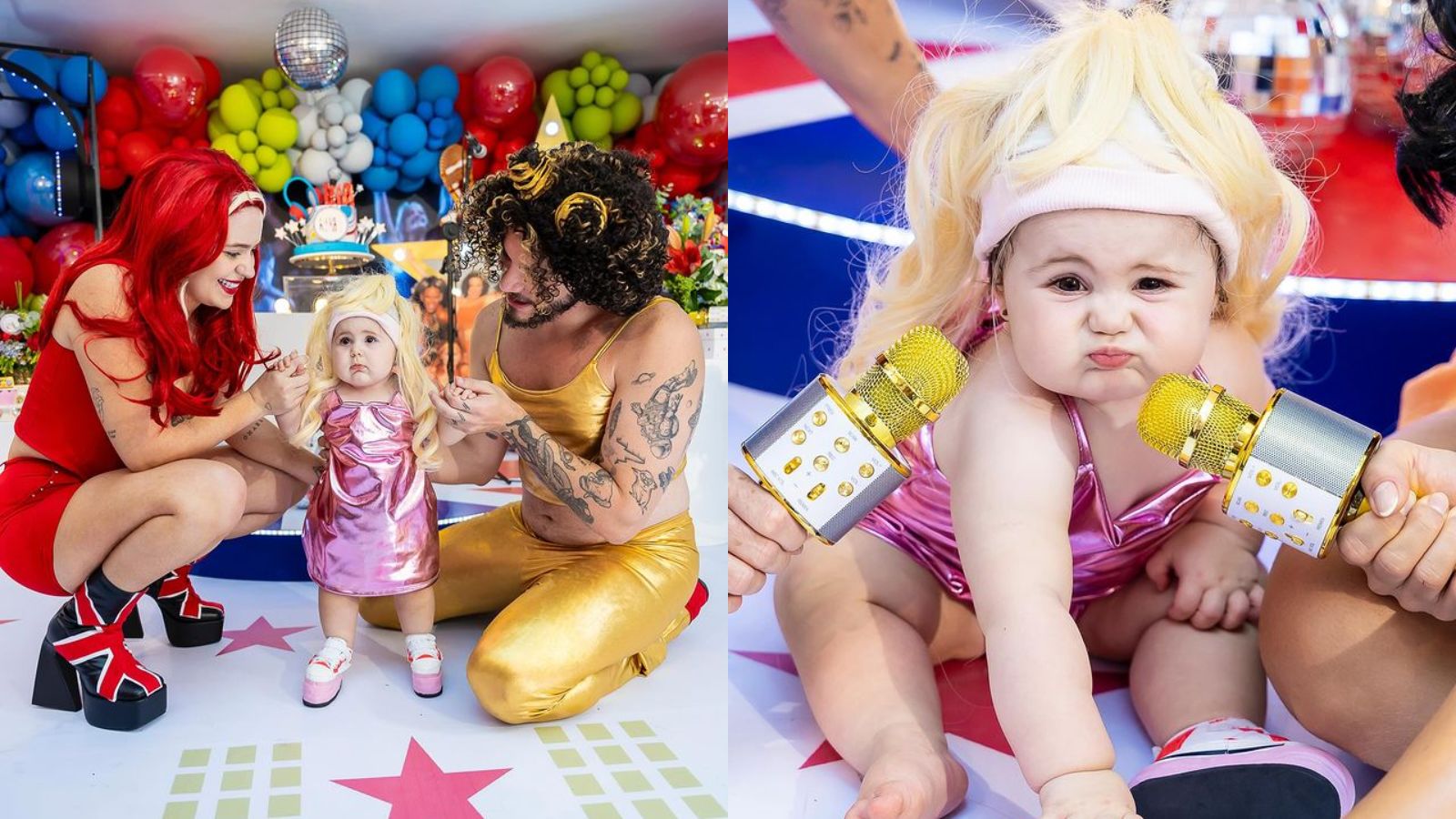 10º mês - O grupo britânico Spice Girls inspirou a décima festa dos meses de vida de Lua. A bebê usou uma peruca na caracterização como Emma, enquanto Viih estava como Geri e Eliezer se vestiu como Mel B. . Foto: Reprodução/Instagram - 09.04.2024