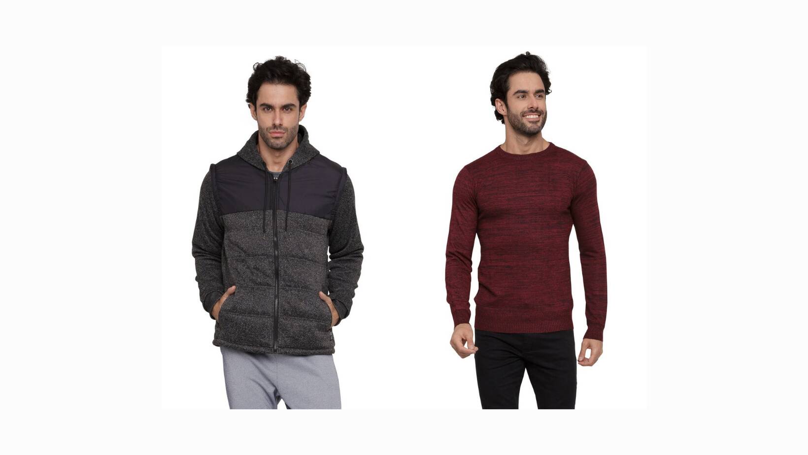 Suéter masculino mescla fechado Caedu, R$ 59,99. Jaqueta masculina zíper Caedu, R$ 119,99.. Foto: Divulgação