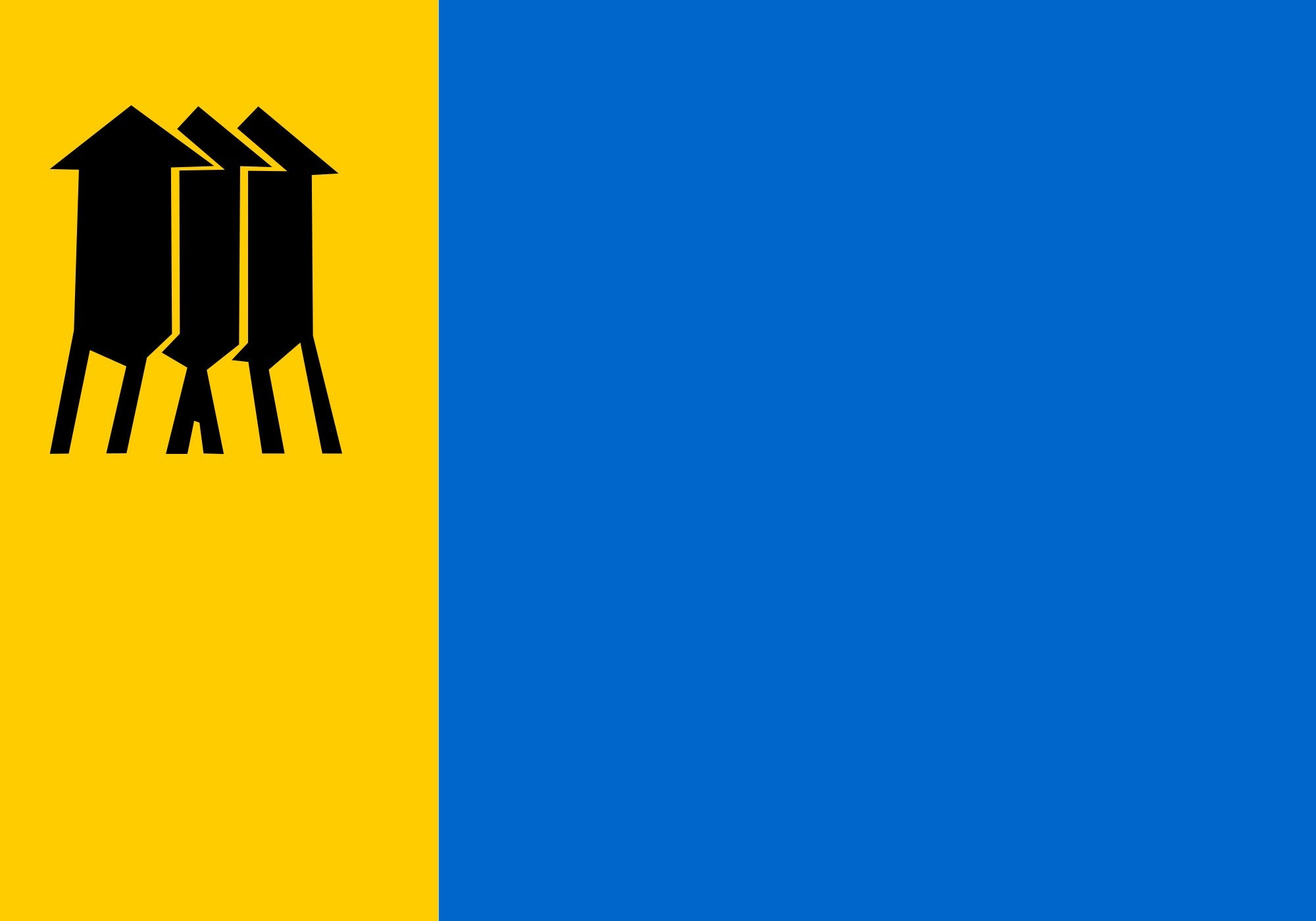 A Bandeira de Porto Velho, Rondônia, tem o desenho que consiste em um retângulo de campo azul com uma faixa vertical na cor ouro do lado do mastro. Na parte superior, há um desenho estilizado na cor preta, que representa as Três Marias, monumento histórico.  Reprodução: Flipar