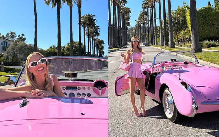 Margot Robbie surge vestida de Barbie na turnê de divulgação do filme. Foto: Reprodução/ Instagram