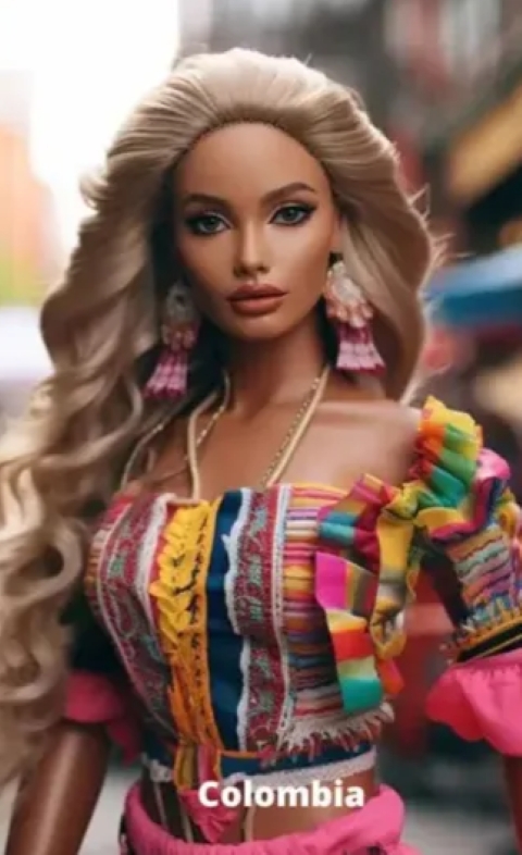 A Barbie colombiana destaca a precisão da IA na atividade de geração de imagens. A tecnologia foi capaz de puxar traços específicos de cada etnia, e as Barbies parecem ter sido feitas pela própria Mattel.  Reprodução: Flipar