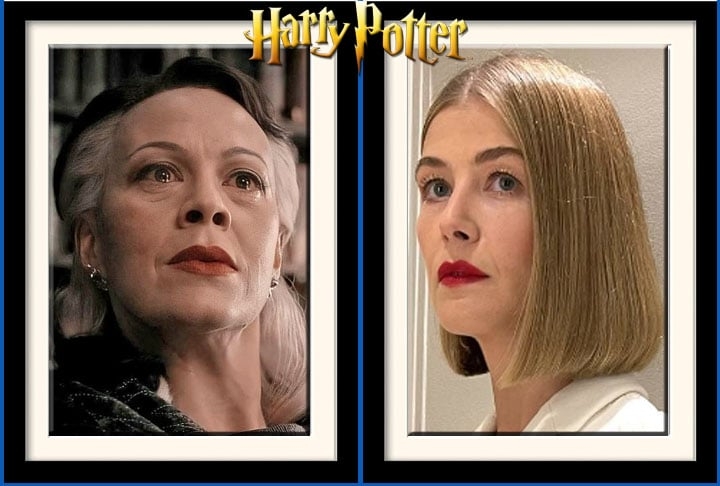Narcisa - Já a mãe de Draco, vivida por Helen McCrory, seria um papel para Rosamund Pike.  Reprodução: Flipar