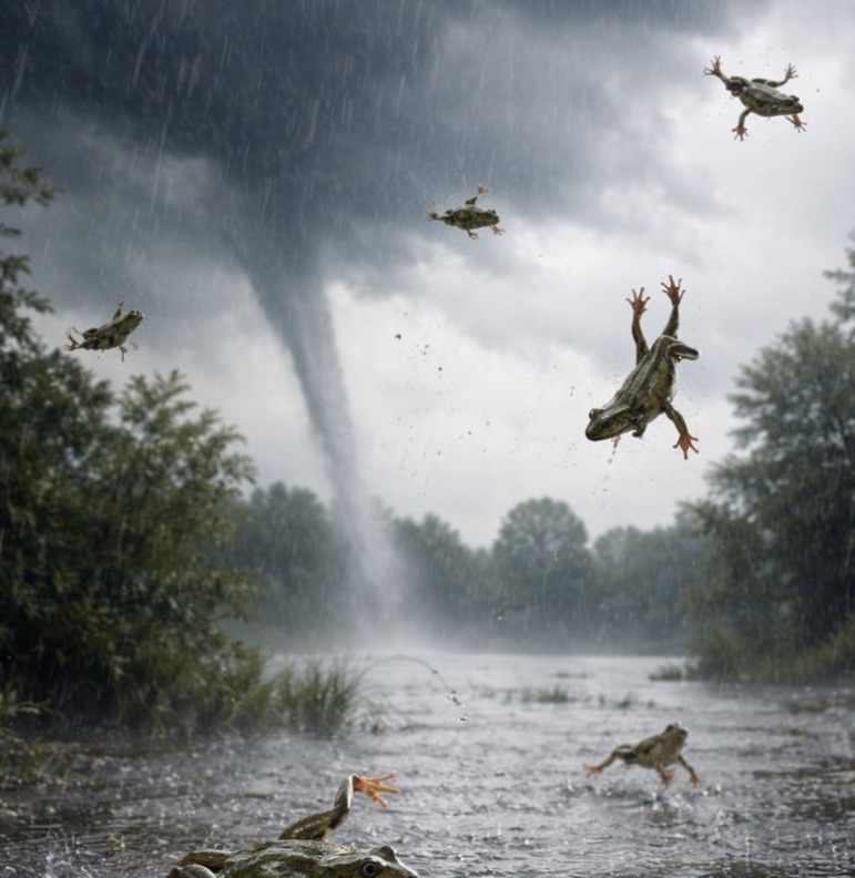Durante tempestades incomuns, moradores de diferentes países já relataram a chamada “chuva de rãs”, quando anfíbios parecem cair do céu. Especialistas explicam que trombas d’água ou tornados podem sugar pequenos animais de lagos e rios e depois lançá-los à distância. Reprodução: Flipar