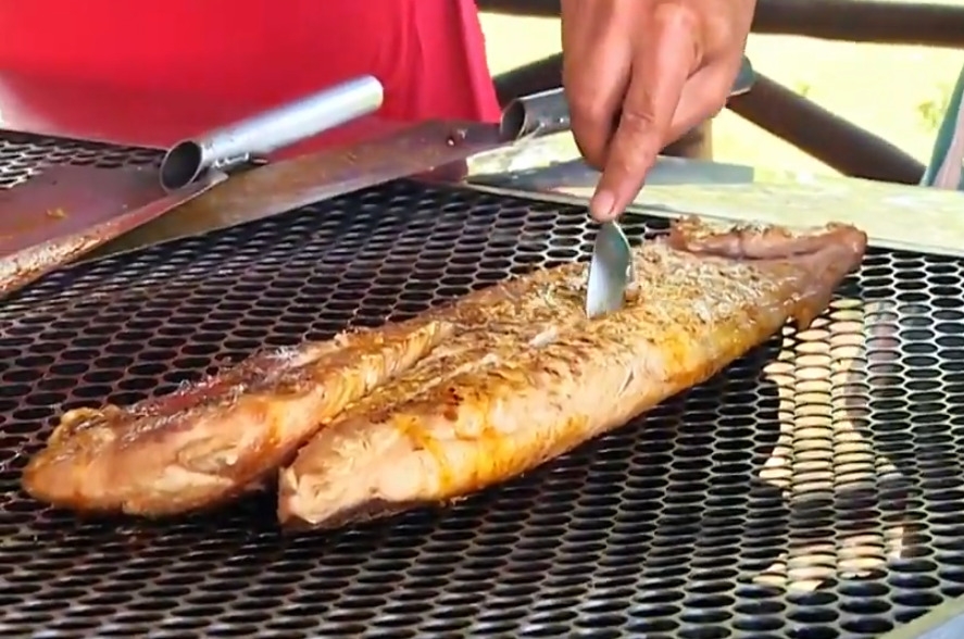 Filhote na Brasa - Peixe de grande porte típico dos rios amazônicos, assado na brasa com temperos regionais como alho e coentro. É acompanhado de pirão, arroz ou farofa de farinha d’água. Calorias: cerca de 150 kcal. Reprodução: Flipar