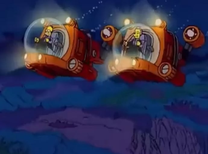 O 10º episódio da temporada 17, intitulado “O Pai do Homer”, mostra o protagonista descobrindo que um bilionário pode ser seu pai biológico, e ambos embarcam em submarinos para chegar ao fundo do mar. Reprodução: Flipar