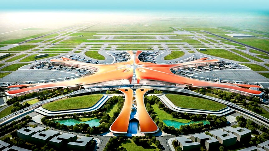 2° Aeroporto Internacional de Pequim – China - Tem 700 km², o equivalente a 98 campos de futebol. Localizado a 32 km do centro. Inaugurado em 2019, custou o equivalente a R$ 234 bilhões de reais. Reprodução: Flipar