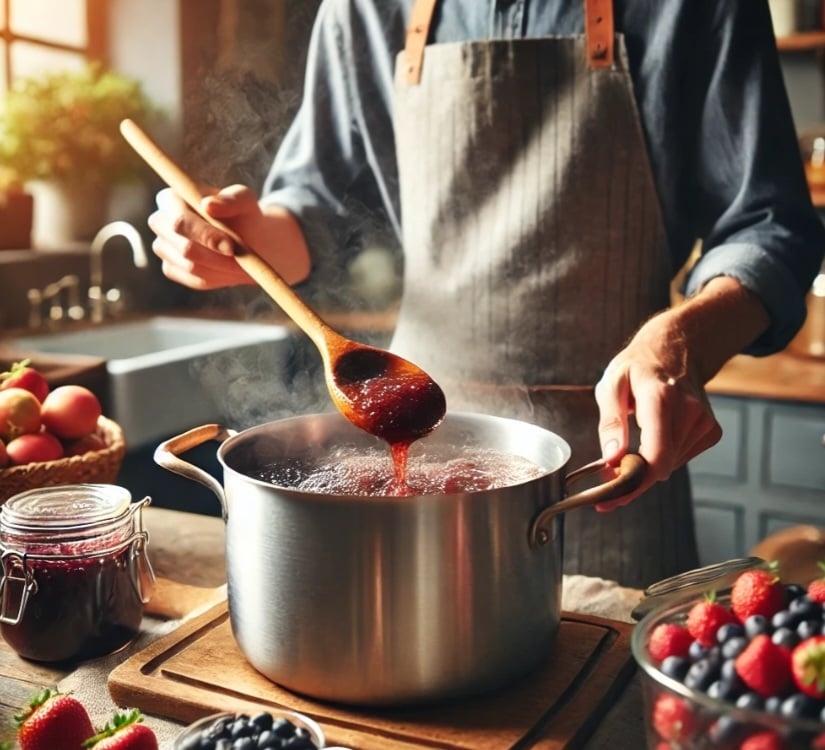 Para fazer geleias em casa, é recomendado usar panelas sempre grandes, já que a mistura irá borbulhar e expandir durante o cozimento. Por isso, tenha sempre uma panela específica para o preparo das geleias  Reprodução: Flipar